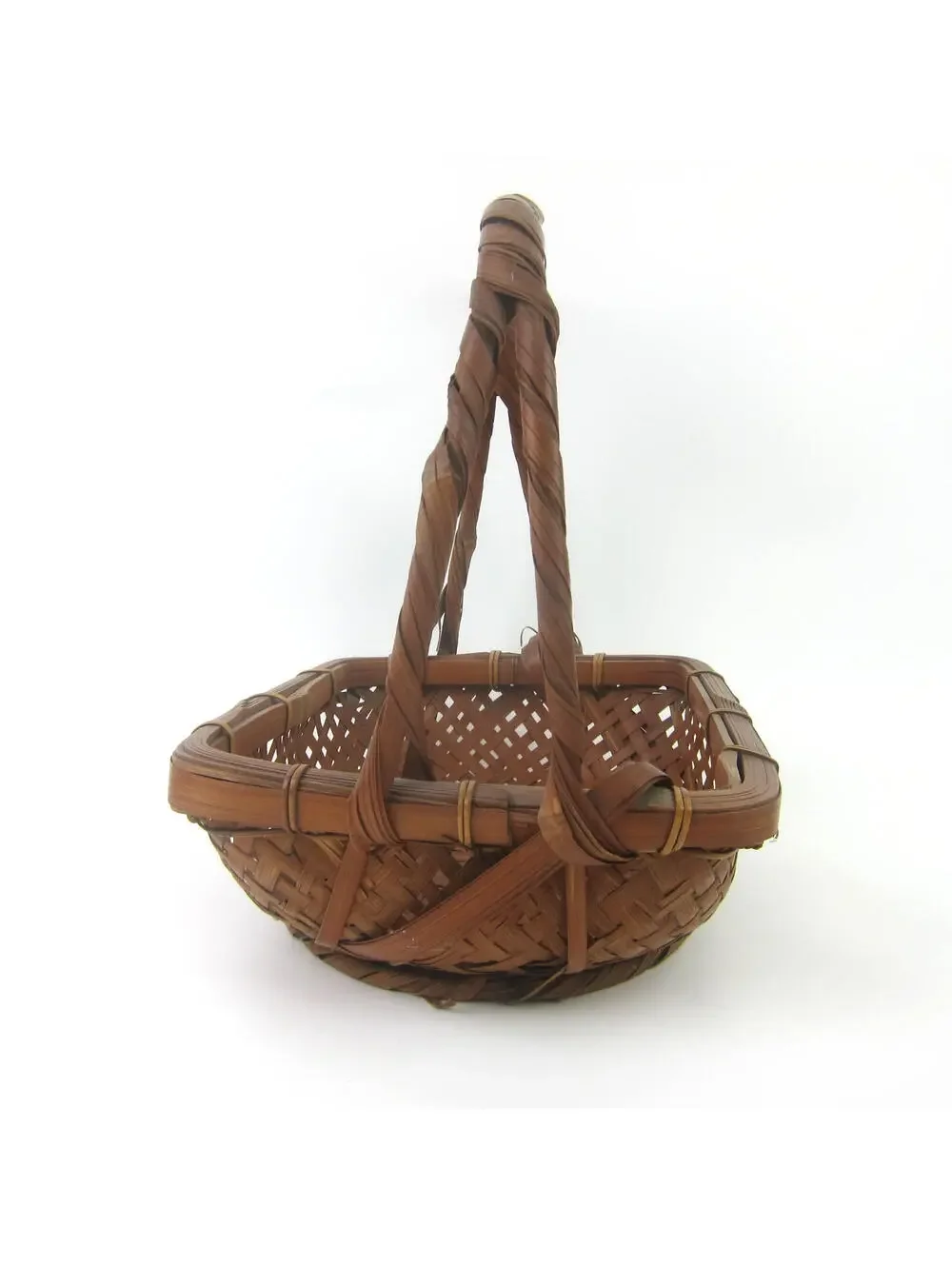 Japanese Ikebana Woven Bamboo Flower Basket 10x7 Rectangle Handle Vintage 1930s